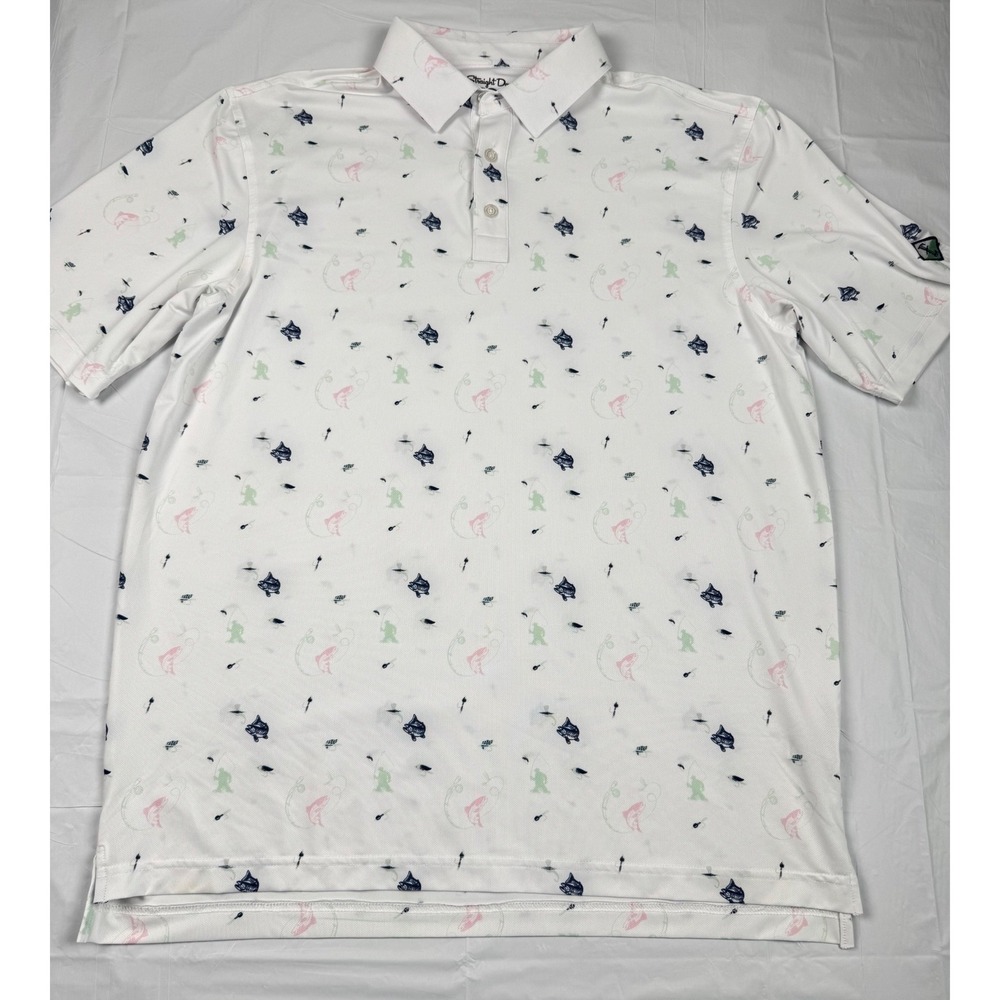 Straight‎ Down Performance Mens Large White Fishing Print Golf Polo Shirt Large